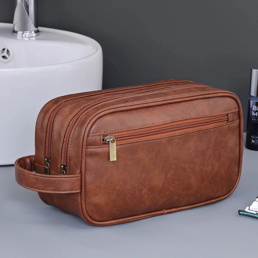 PU Leather Toiletry Bag for Men Double-Layer Travel Wash Organizer Dopp Kit Water-resistant Shaving Bag Strorage 260408