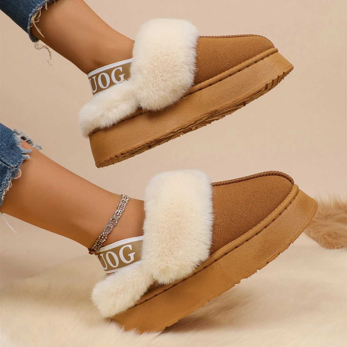 New Fashion Fluffy Platform Slippers for Women 2025 Winter Plush Warm Cotton Shoes Woman Comfort Non Slip Unisex Home Slippers T2609228YGM