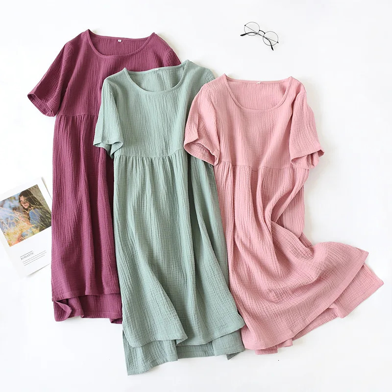 Women Pajamas Summer Sleepshirts Comfortable Solid Color Cotton Gauze Long Skirt Home loungewear Nightgowns Womens Round Neck Nightdress Thin Sectio