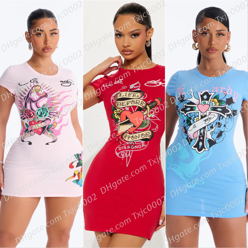 Robe Femme Basique Décontractée Créateur 2026 Mode Été Manches Courtes Tricotée Slim Street Extensible Imprimée 9 Couleurs