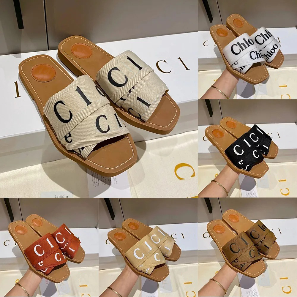 Designer Luxury Woody Sandals Womens Flat Slides Canvas Tan Beige White Black Pink sandale shoes casual bottom summer flip flops Outdoor Beach Slipp