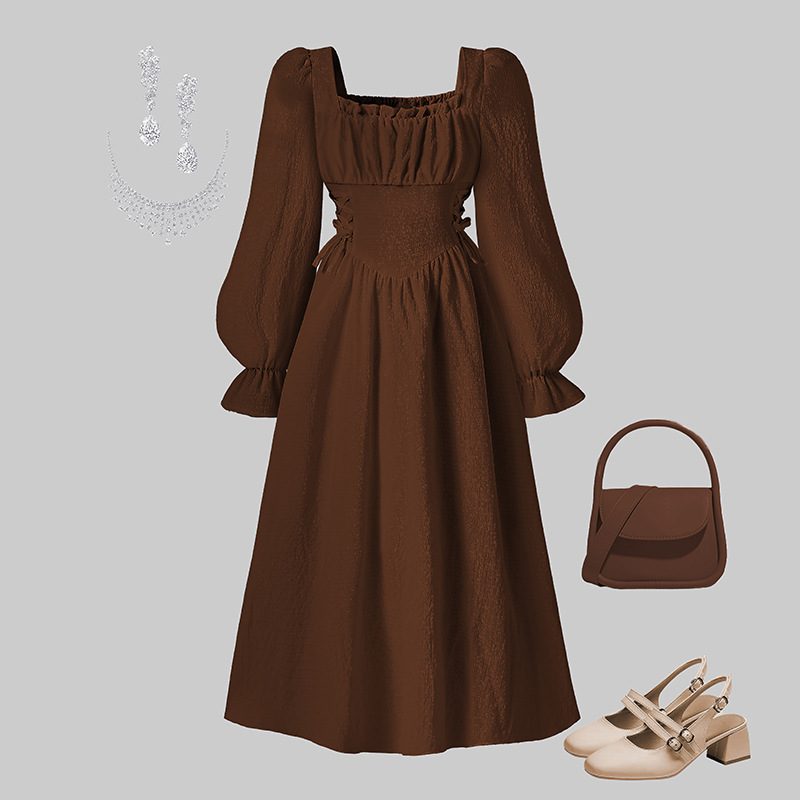 Girls' Spring and Autumn New Style Square Neck Long Sleeve Bow Waist French Elegant Retro Style Dress-image-1100781240