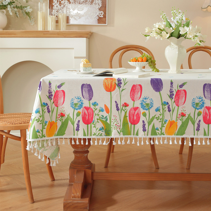 Polyester cotton printed tassel tulip flower rectangular tablecloth, tea table tablecloth, dining tablecloth-image-1100826795