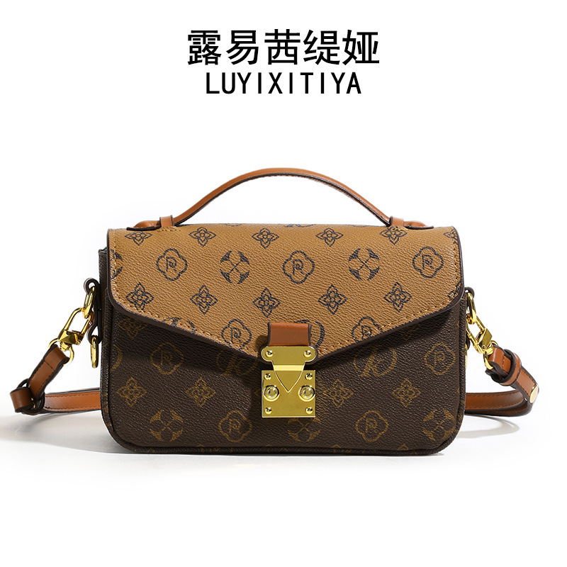 New Color-Block Retro Print Small Square Niche Style Elegant Single Shoulder Crossbody with Lock Women's Bag
