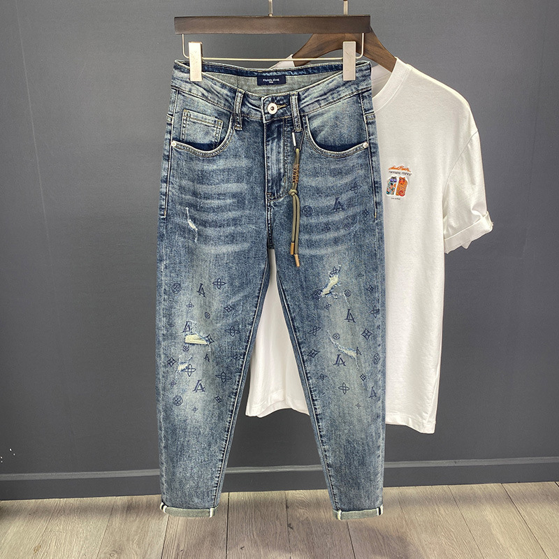Luxury Brand Designer Clothes High-End Design Printed Cropped Jeans For Men, Lightweight, European Designer Slim-Fit Skinny Jeans With Ripped And Pa
