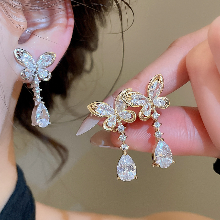 14k real gold plated zircon butterfly water drop ear clip 2026 new popular light luxury high-end women's earrings-image-1100728975