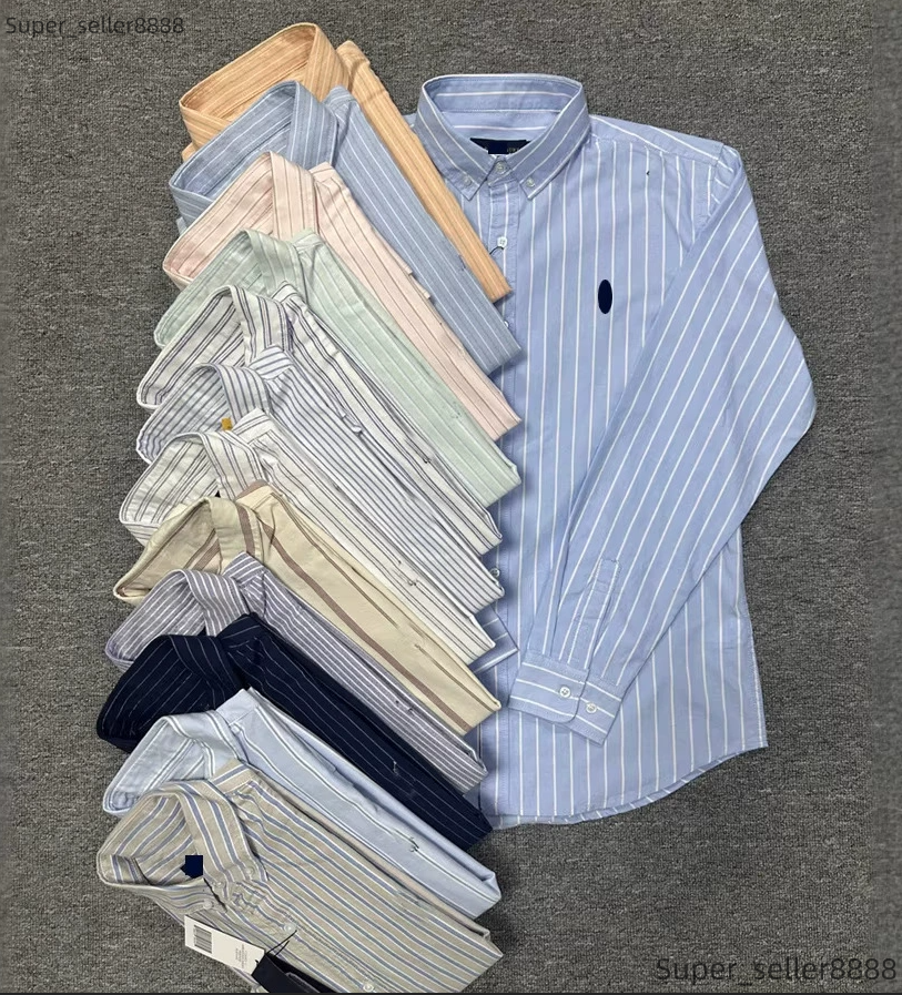 Luxury Mens Shirt Small Horse Embroidery Cotton Polo Oxford Stripe Shirts Long Sleeve Color Slim Fit Casual Designer Men Clothing High Quality Breat