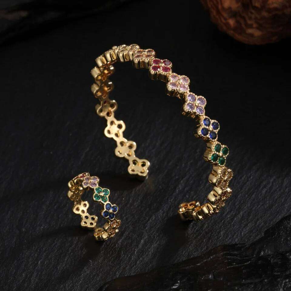 Jewelry Set Bracelets Rings With Luxury Copper Inlaid Zircon Four Leaf Clover Opening Adjustable And Fashion Petal Bracelet Ring Set Jewelry Gift Fo