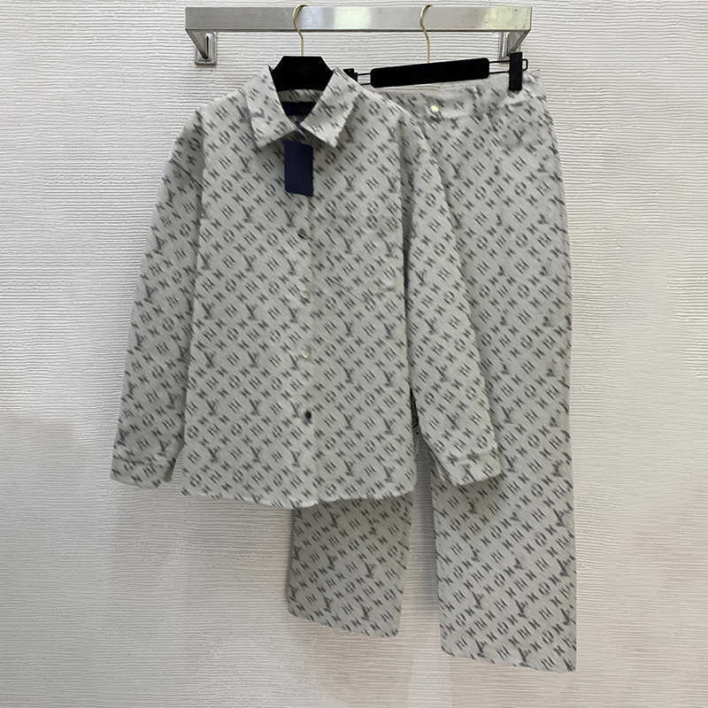 Pantalons deux pièces à la mode pour femmes, logo floral, lettrage jacquard, veste en jean classique, pantalon ample décontracté à jambes larges