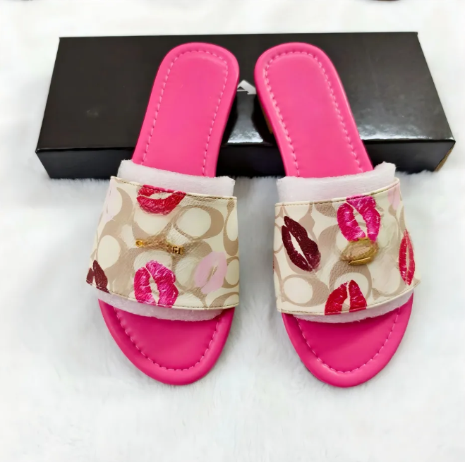 Designer Mens Womens coac Slides Sandals Flats Slippers Summer Beach Sandal Floral Print Flip Flops Brown Non-slip Sliders Comfortable Shoes 36-46 L