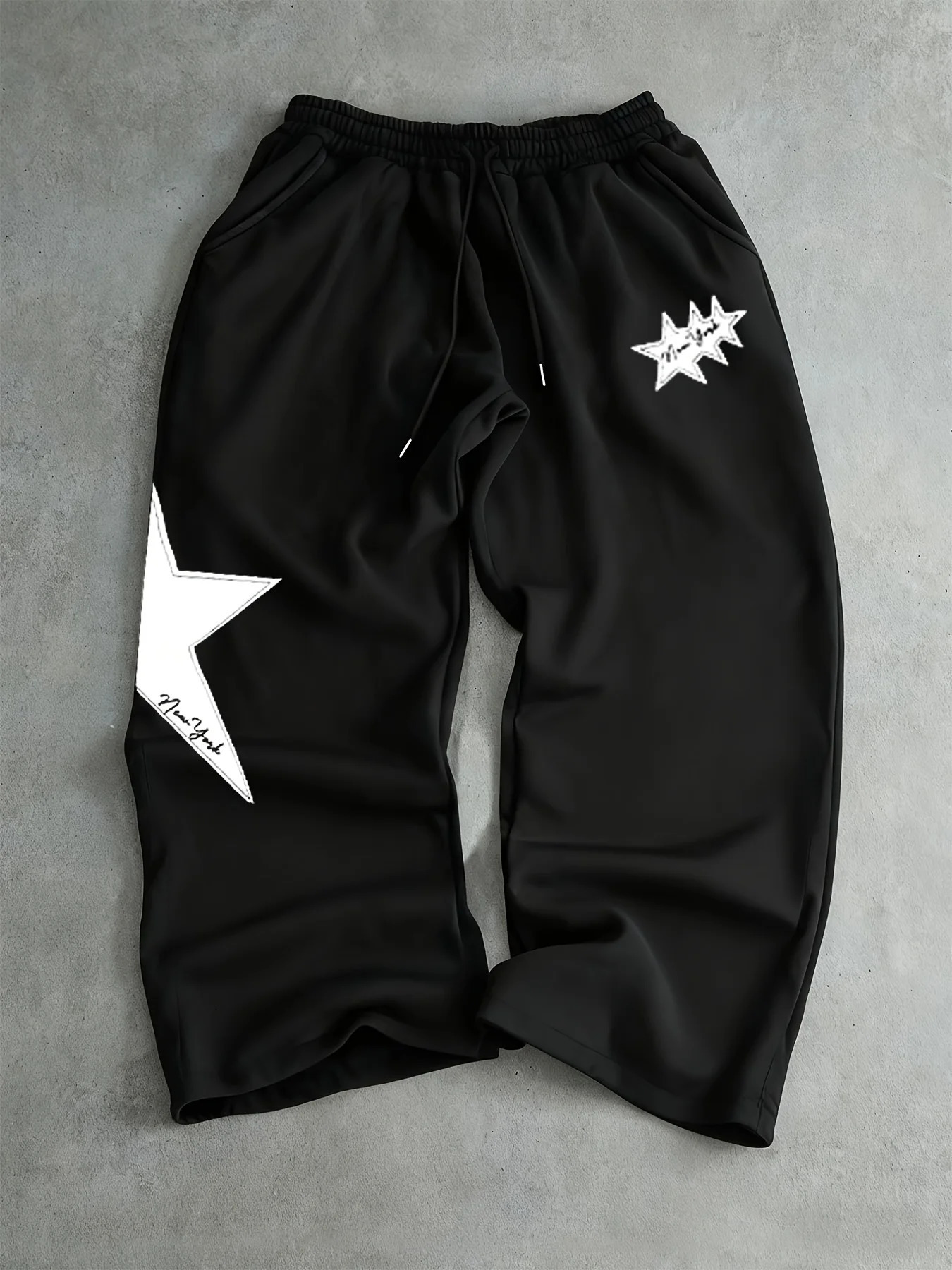 Mens Black Bootcut Jogger Pants, Elastic Waistband with White Star Graphic, Knit Acetate Casual Joggers for Autumn and Winter 260408
