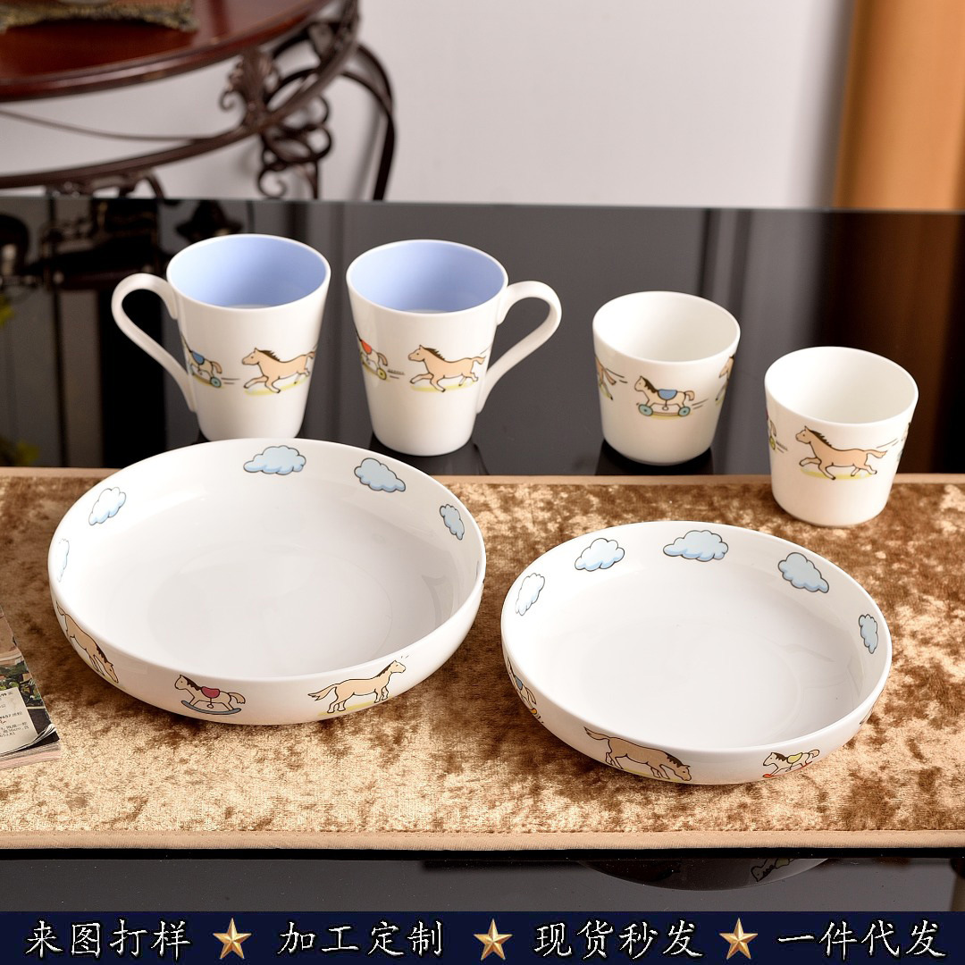 New Children's Cute Bone China Bowls and Plates Mug Set 6-piece Gift Box Circus Series Deep Plate-image-1100917644