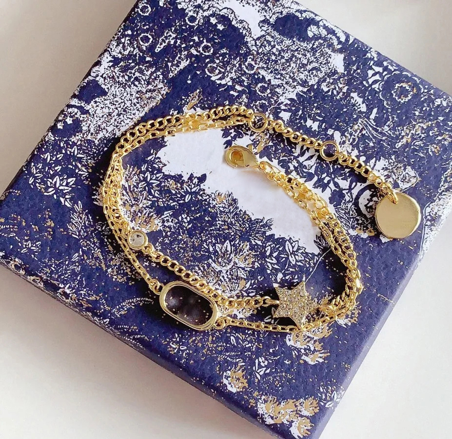 Diamond Designer 18K chain Letter Bracelet women starry classic two piece set bracelet Gold plated Luxury jewelry gift 533