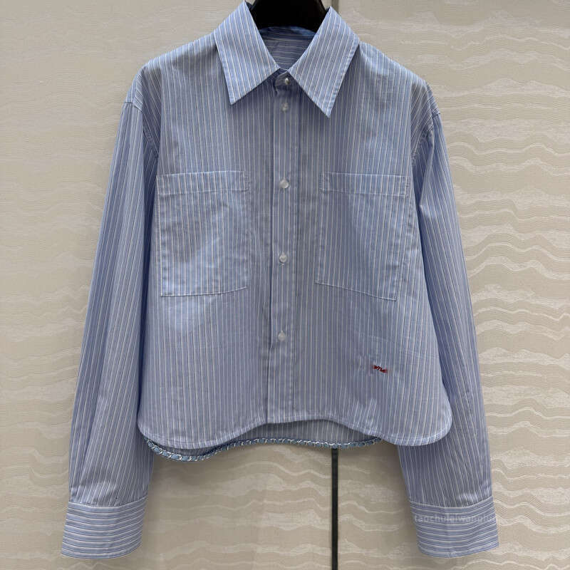 Designer Women's blouse Casual Simple Blue White Vertical Striped Shirt For Women Short Loose Fit With Turn-Down Collar And Contrasting Long Sl