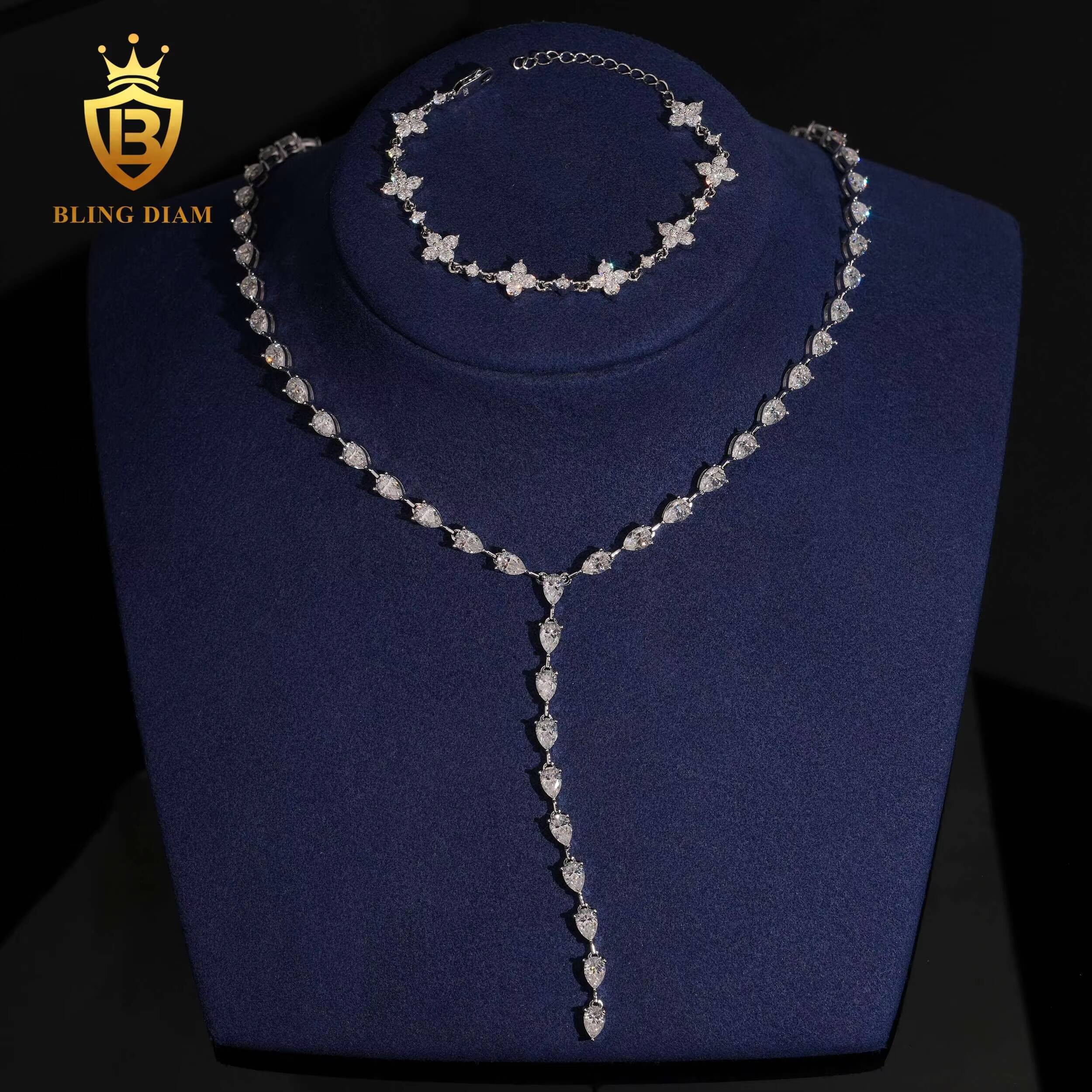Hot Sale HipHop Style VVS Pear Cut 46mm Moissanite Tennis Chain Necklace 925 Silver Moissanite Tennis Chains Pass Diamond test