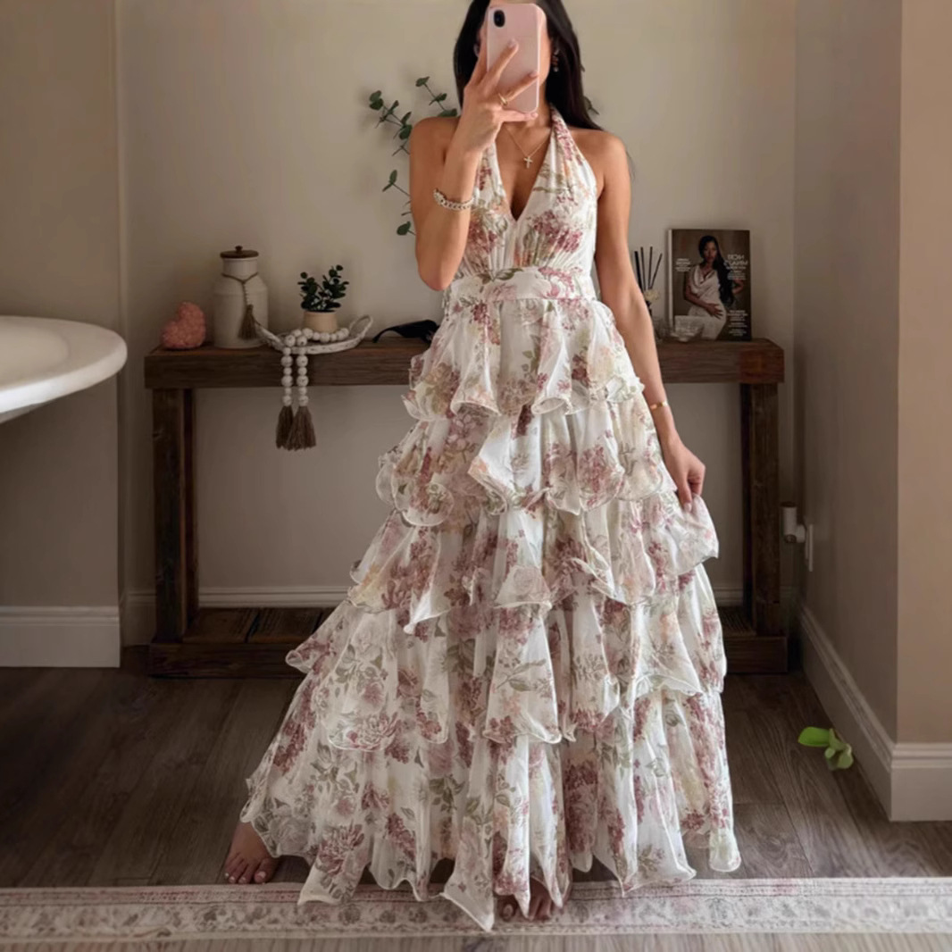Women's Fashion Sexy V-Neck Spaghetti Strap Tiered Cake Print Maxi Dress-image-1100927237