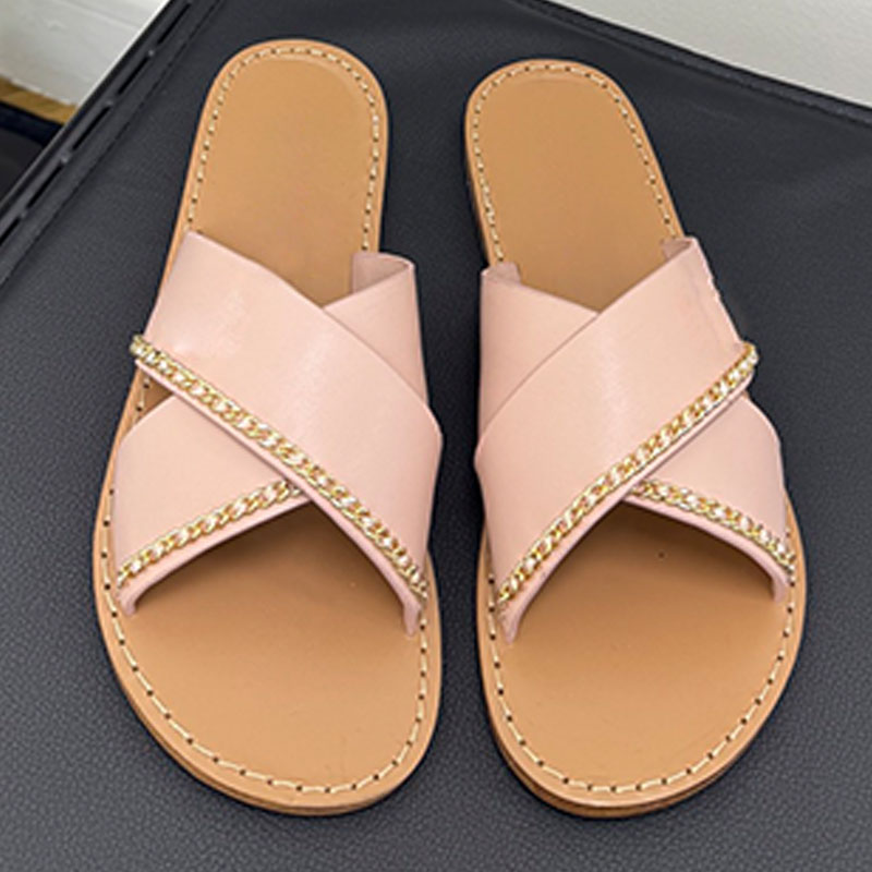 Mules plates chics entrecroisées de qualité supérieure pour dames, sandales à bout ouvert en cuir rose avec accent de chaîne dorée, chaussures d'