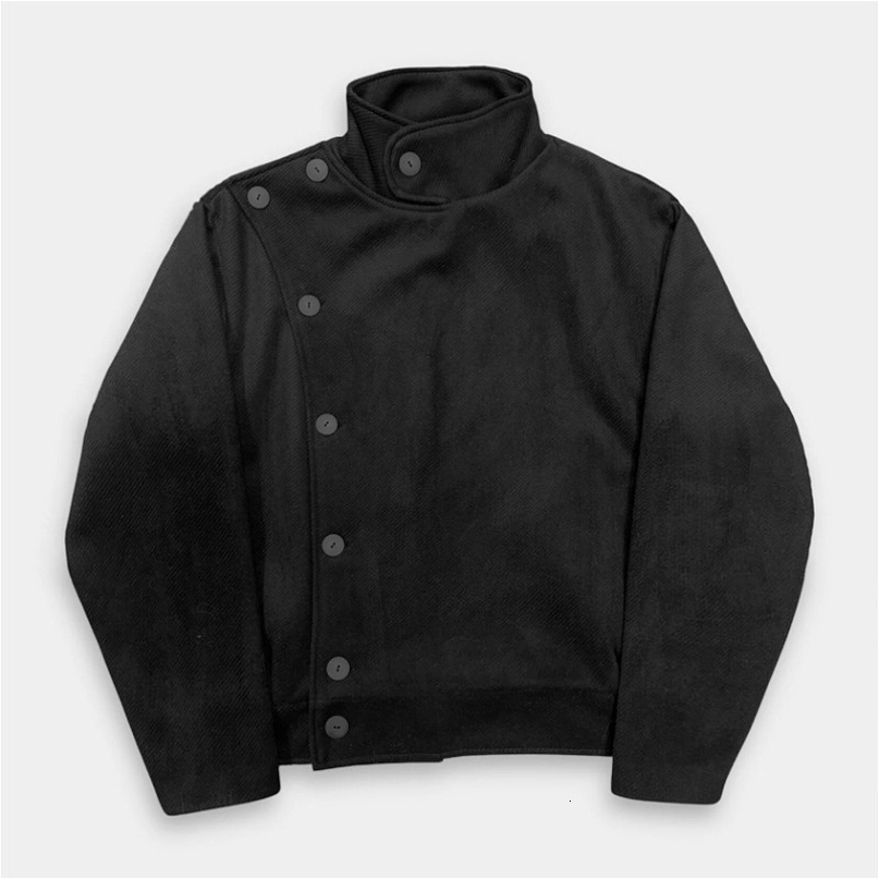 Y2K Vintage Harajuku Coat Mens Black Asymmetrical Button High Neck Cropped Jacket Minimalist Gothic Unisex Loose Work Outerwear 260402BJ Z260902