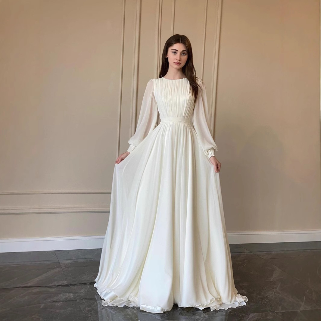 White Double Layer Chiffon Court Style Fairy Princess Maxi Dress for Women-image-1100926109
