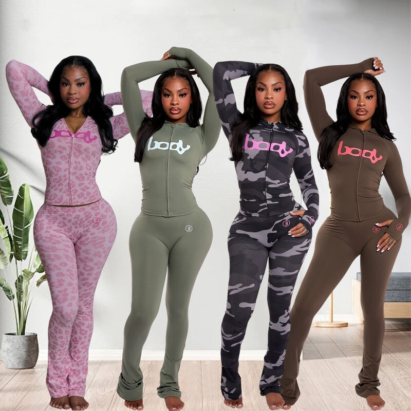 Womens Tracksuits Two Pieces 2026 Spring Autumn New Fashion Versatile Sexy Letter Print Hooded Long Sleeve Cardigan Top And Pants Set 14 Colors