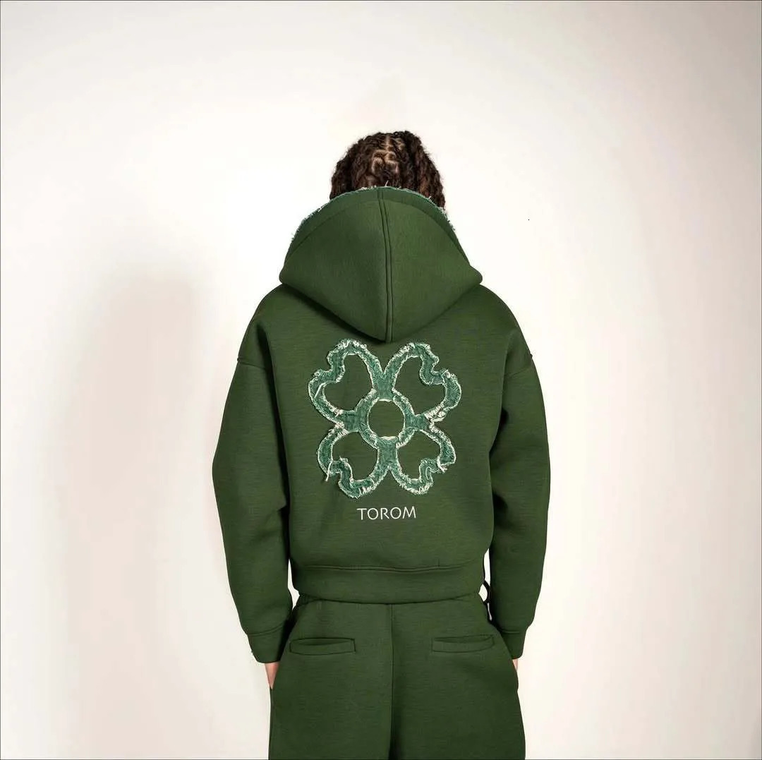 Torom Olive Green Embroidered Pants Set Men's Sport Tracksuit With Closure Casual 2 Piece Acetate Sweatpants And Zip Up Hoodie Thick Fashion St