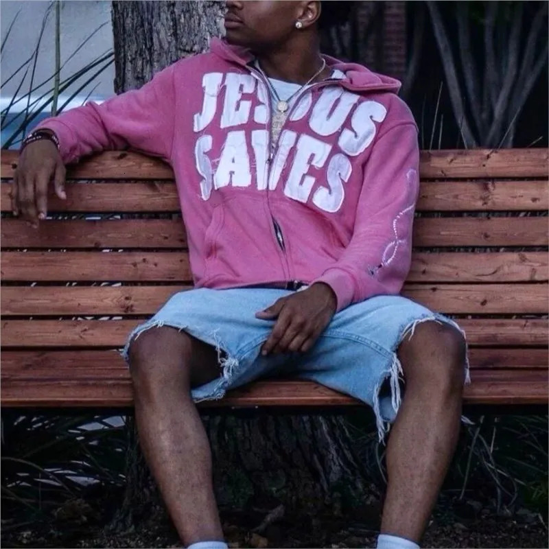 Y2K Pink Knit Hoodie, Full-Zip Stone Stripe Embroidery Hooded Sweatshirt, Men's Streetwear Harajuku Fashion