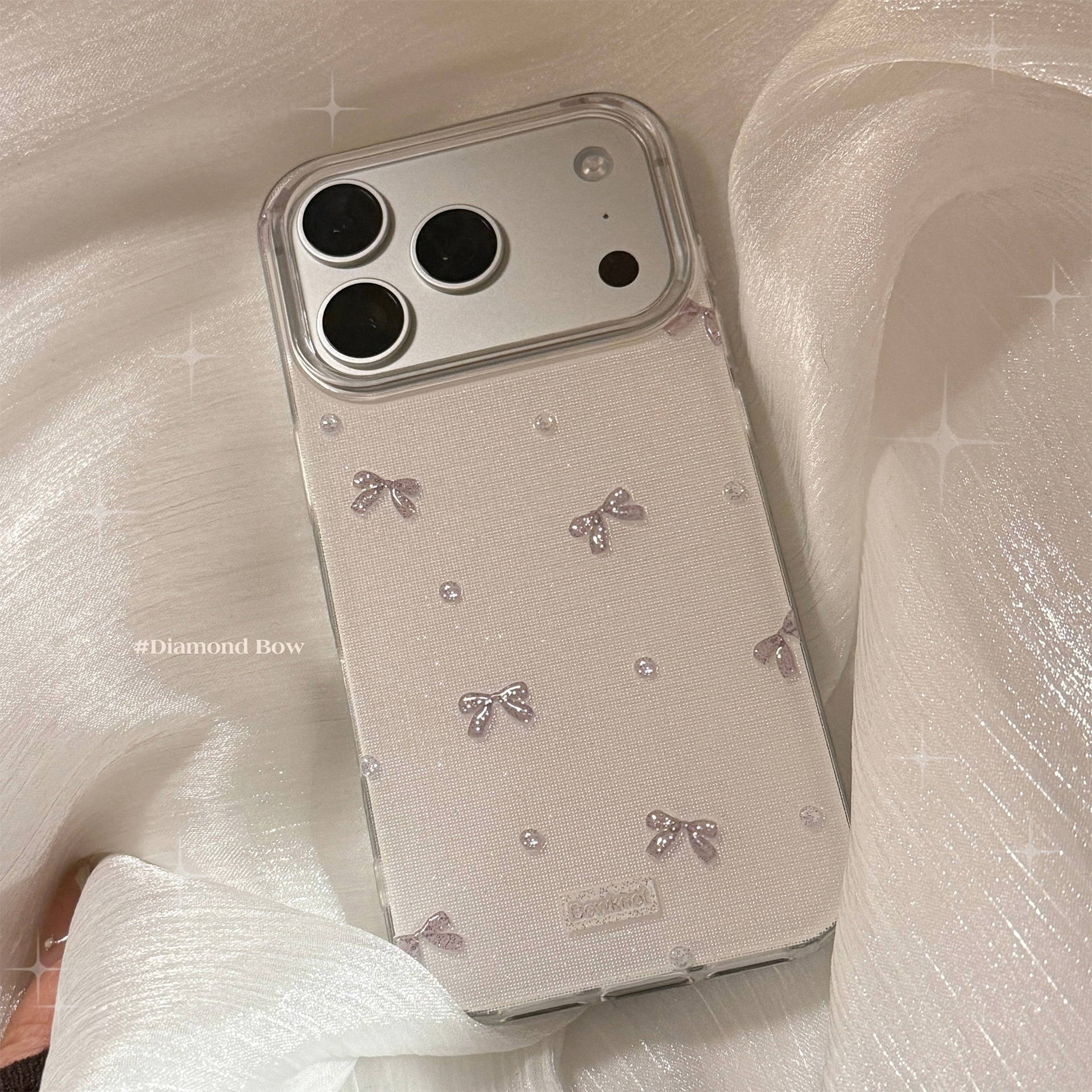 Gray Bow Glitter Phone Case for iPhone 17 Pro Max, Korean Style High-value Hard Cover for iPhone 16 14 15-image-1100944499