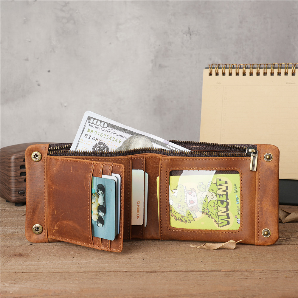 Portefeuille pour hommes rétro à fermeture éclair horizontale en cuir Crazy Horse fait à la main, sac à main simple et vintage en cuir véritable
