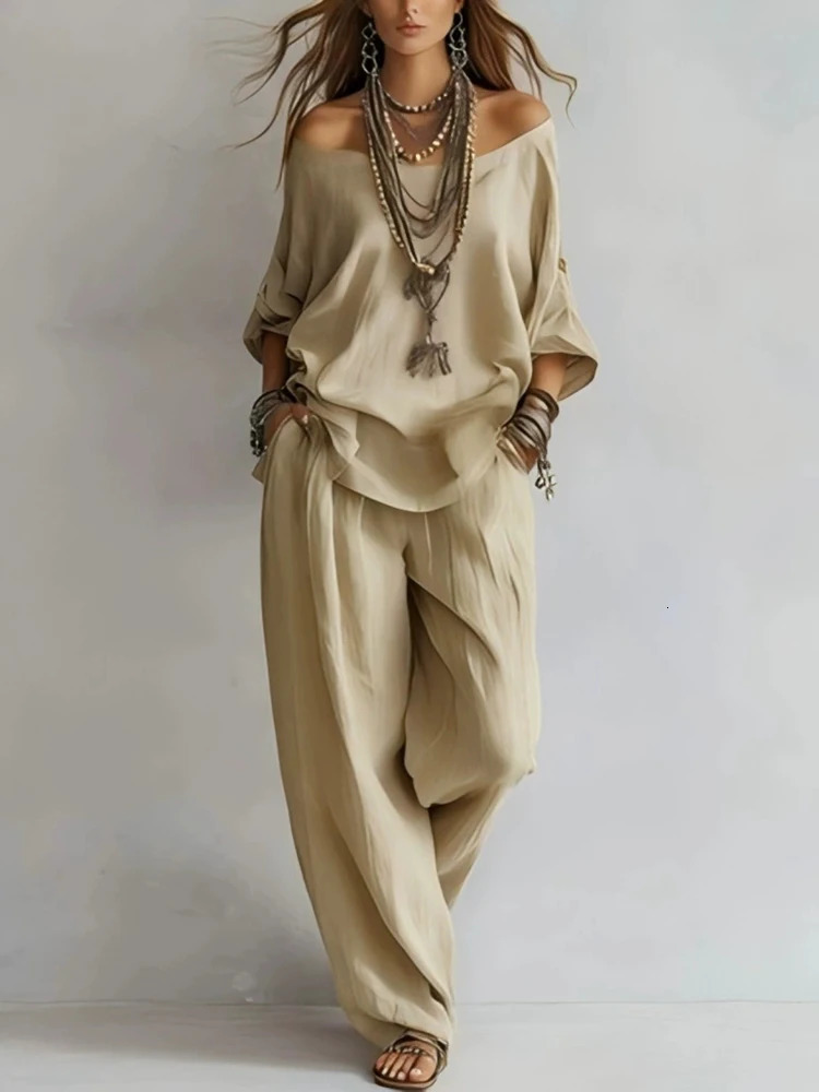 Elegant Hight Waist Loose 2Pc Suit Sexy Off Shoulder Pullover Top Long Pant Set Womens Casual 34 Sleeve Solid Linen Outfits 260410