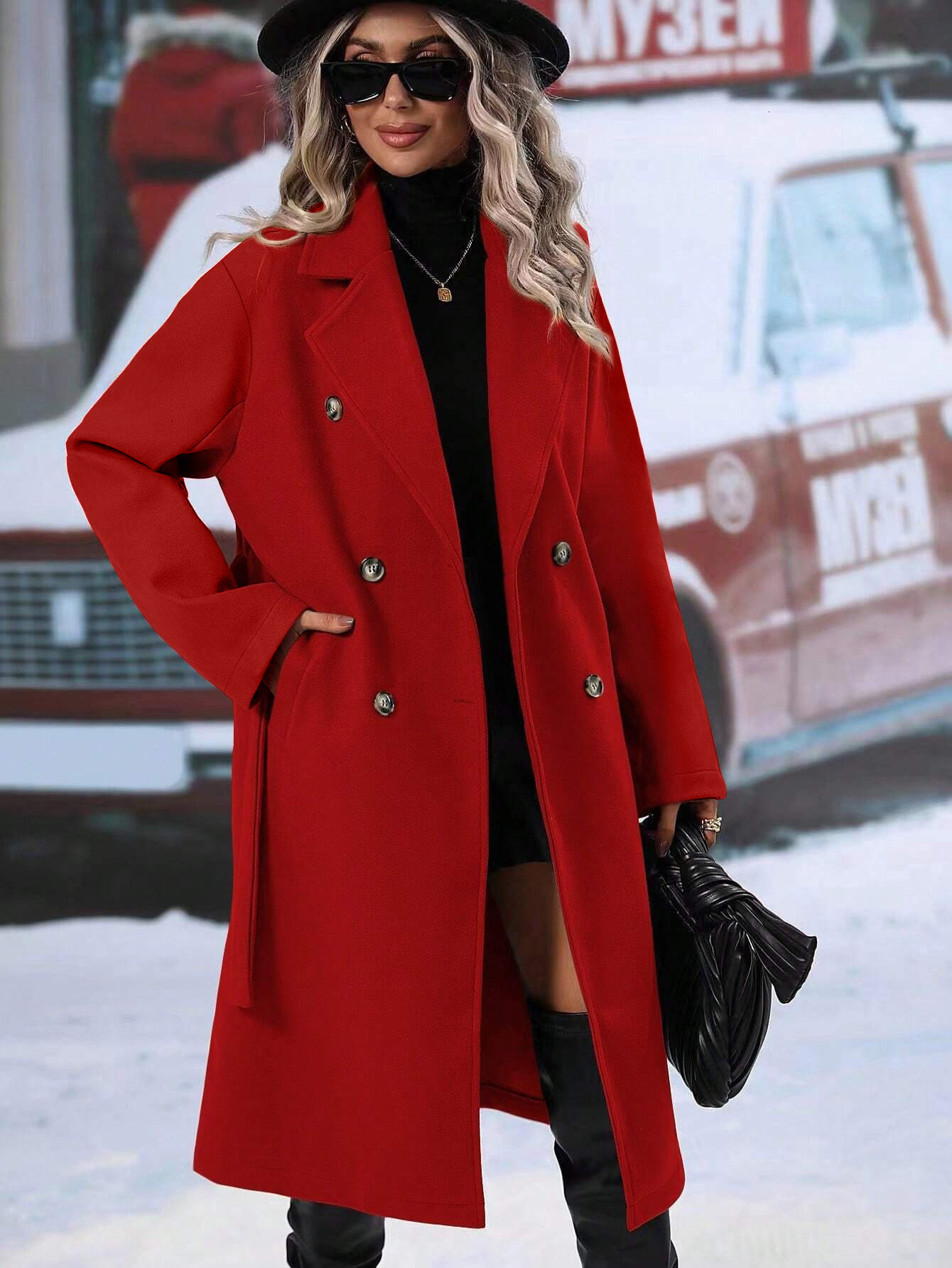 Designer Luxury Brand Women's Set Fashion Women's Solid Color Retro Medium Long Version With Thick Collar And Warm Double Row Buckle Long