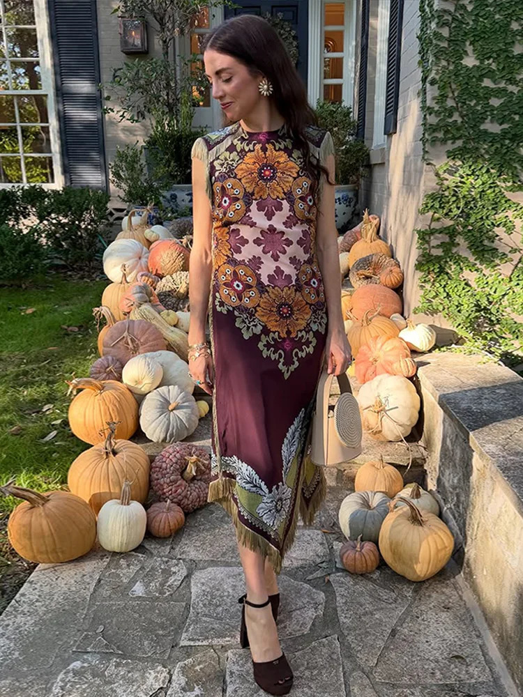 Fashion Tassel Patchwork Floral Printed Dresses Elegant Sleeveless Female Irregular Dresses 2026 Summer Lady Beach Party Robes 260409BJ