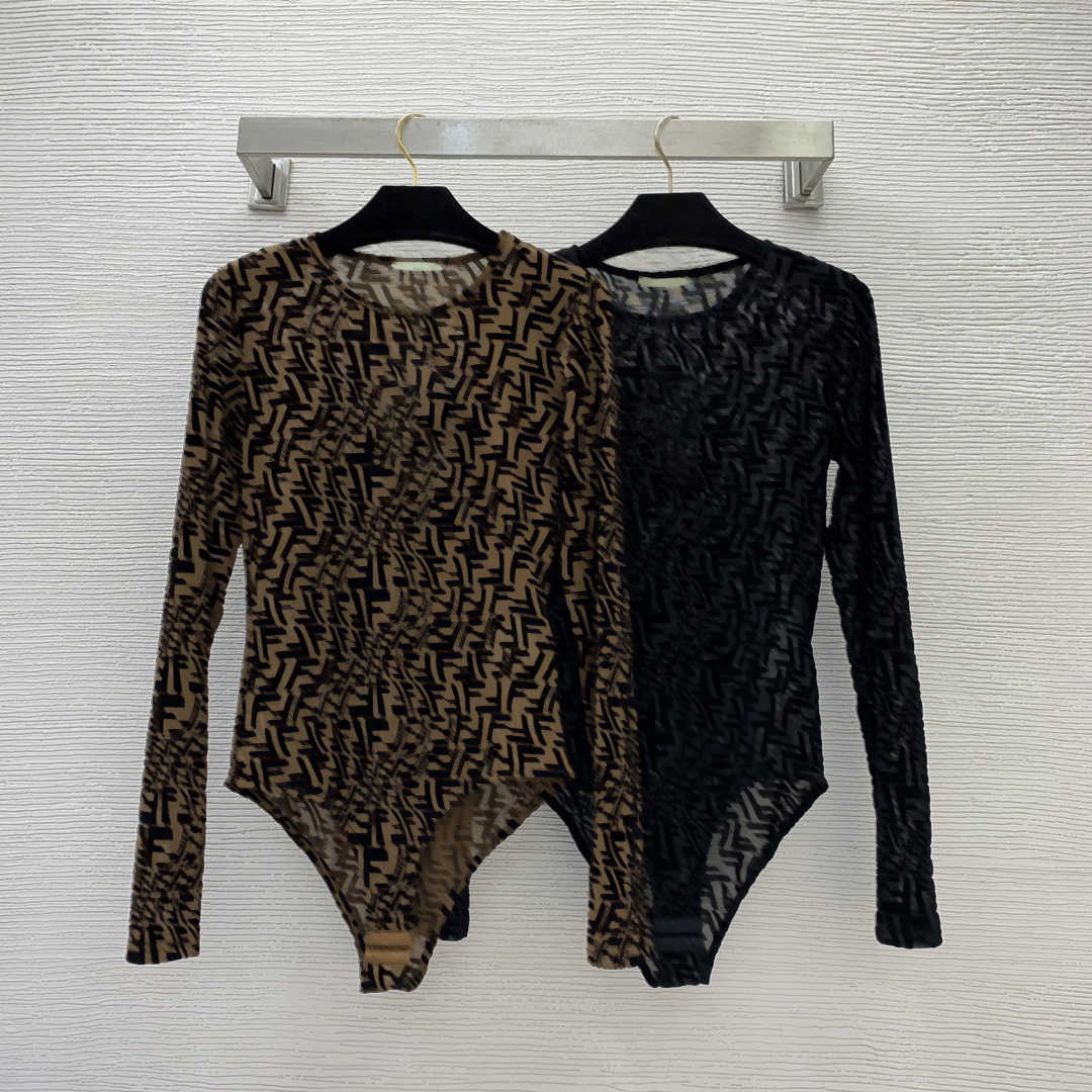 t shirt designer clothes women Flocked Letter-Printed Stretch Mesh Sheer Bodysuit tshirt top summer High quality Loose long Sleeve T-Shirt