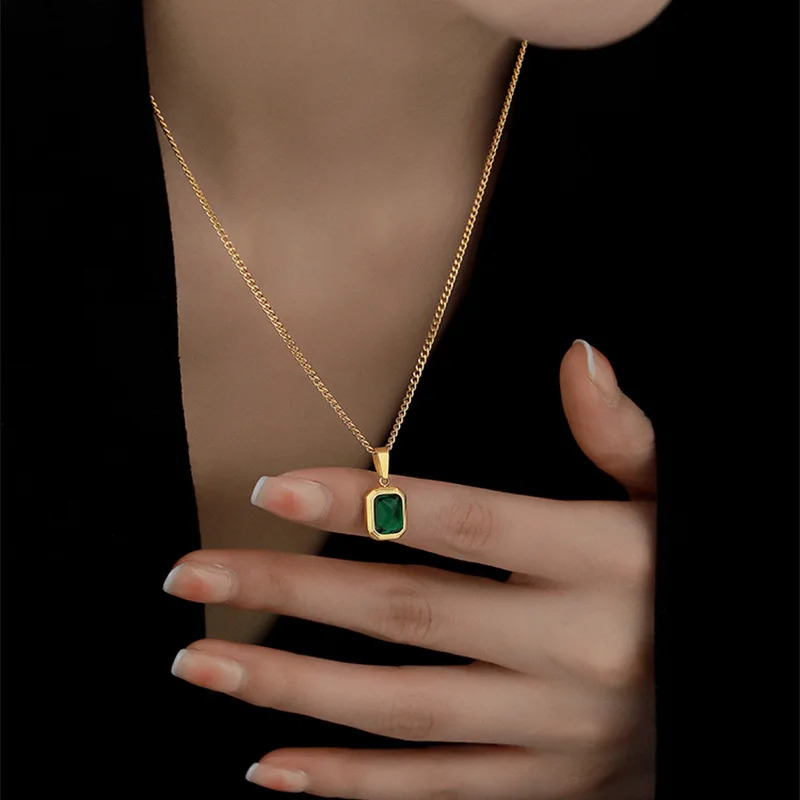 316L Stainless Steel Gold-Plated Square Emerald Zirconia Pendant Necklace, Preppy Style Wedding Jewelry