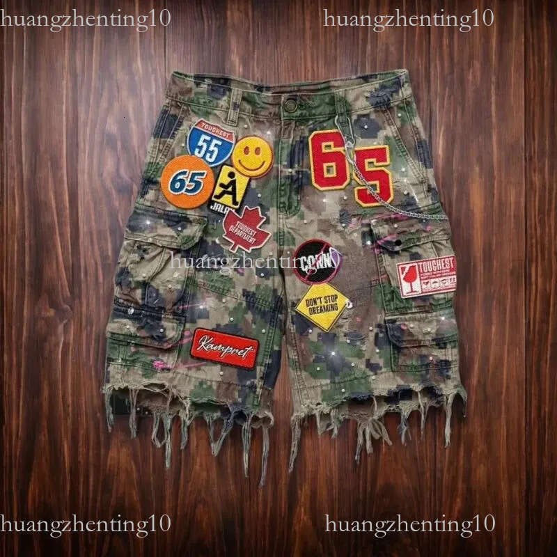 Men's Shorts Retro Diamonds Patch Embroid Denim Goth Baggy Short Jeans Harajuku Cargo Pants Streetwear 2026 new High Waist Wide Leg