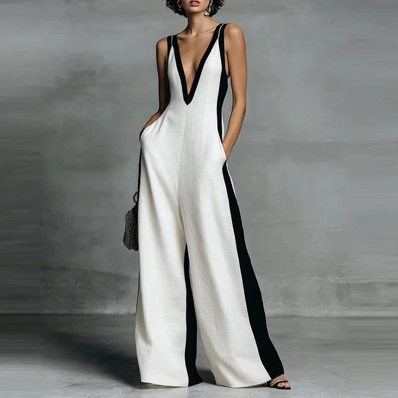 Elegant V-neck Sleeveless Solid Long Jumpsuit Lady Fashion Color Blocked Linen Party Romper Casual Pocket Simple Summer Playsuit 260409BJ