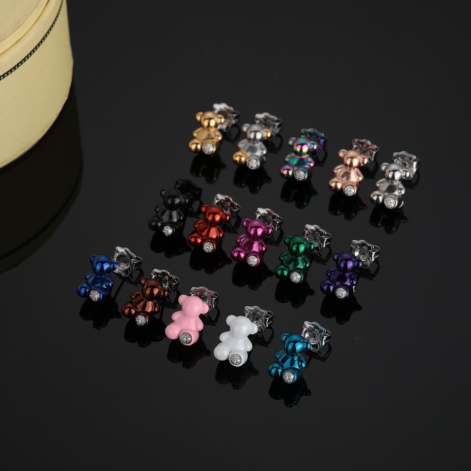 Hot Fashion Women Men Silver Rose Gold Stainless Steel Span Cartoon Animal White Color Bear Pink Blue Green Oil White Zircon Stud Earrings Jewelr-image-1101102863