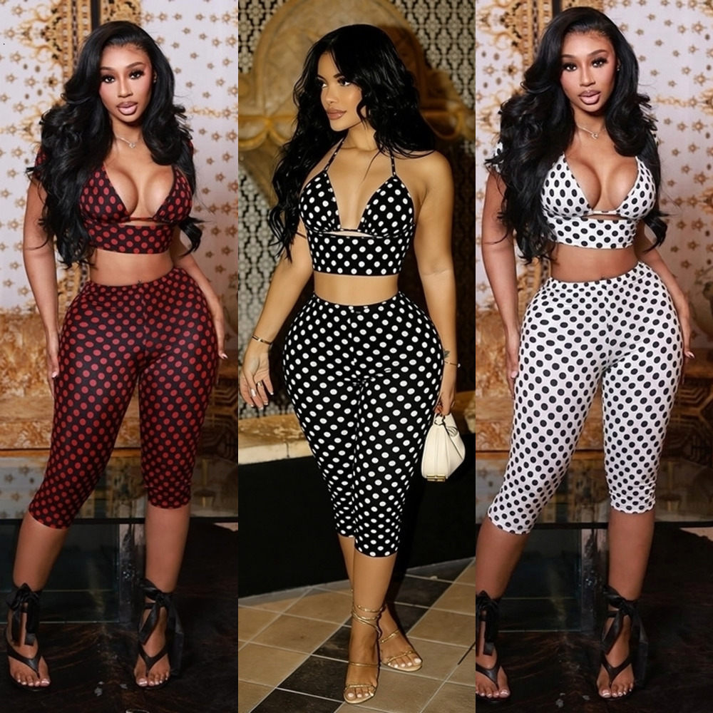Survêtement d'été pour femmes, ensemble trois pièces Sexy imprimé à pois, soutien-gorge sans manches, haut et pantalon à manches courtes