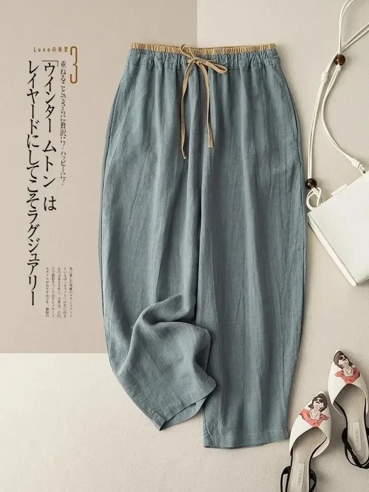 Retro commuting pants Korean version minimalist style cotton linen wide leg casual pants womens loose hanging straight leg 260409BJ