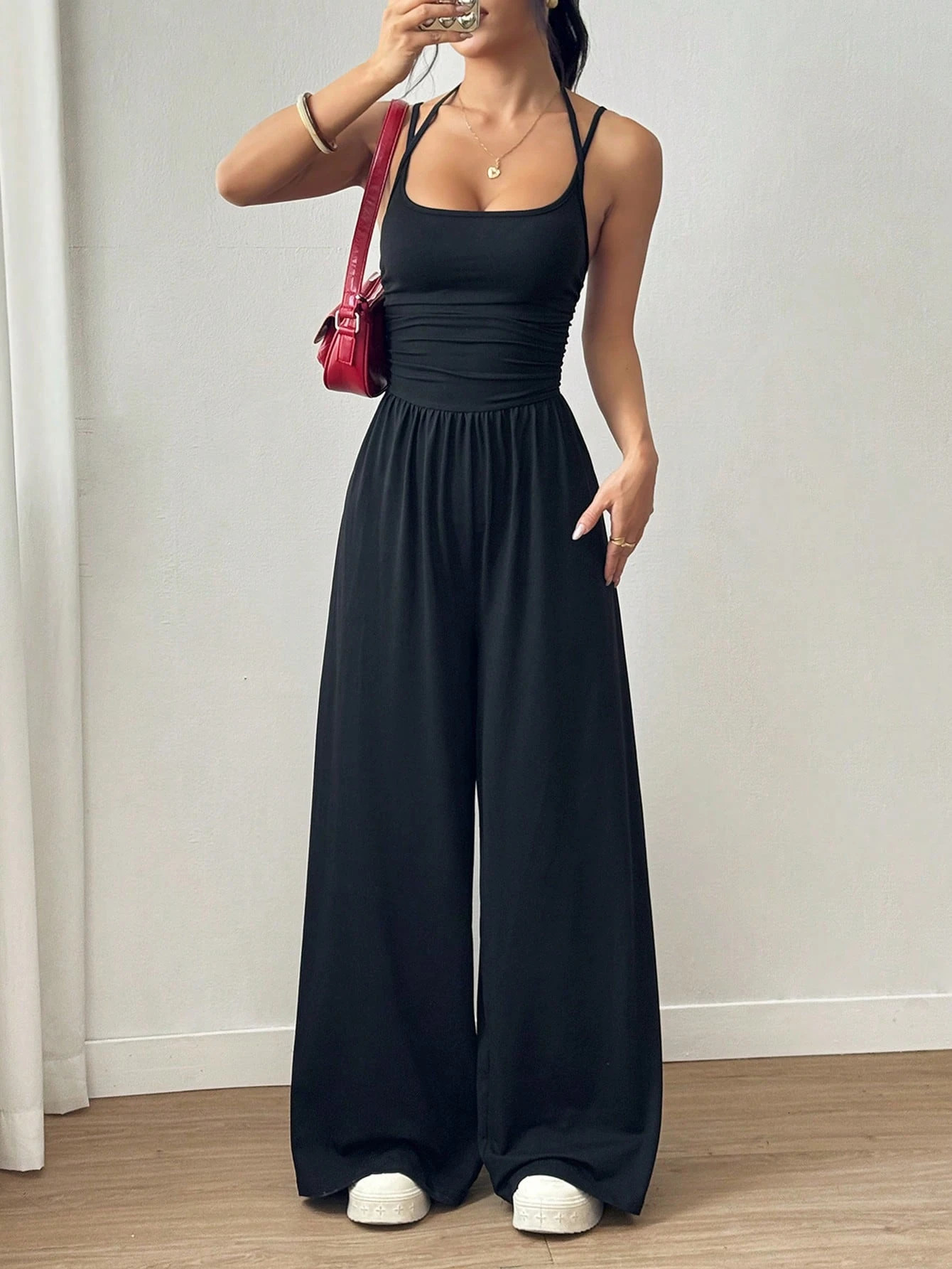 Womens Casual Solid Color Pleating Loose Straight Jumpsuit A-line Backless Halter Neck Slim Cami Jumpsuit Streetwear 260409BJ