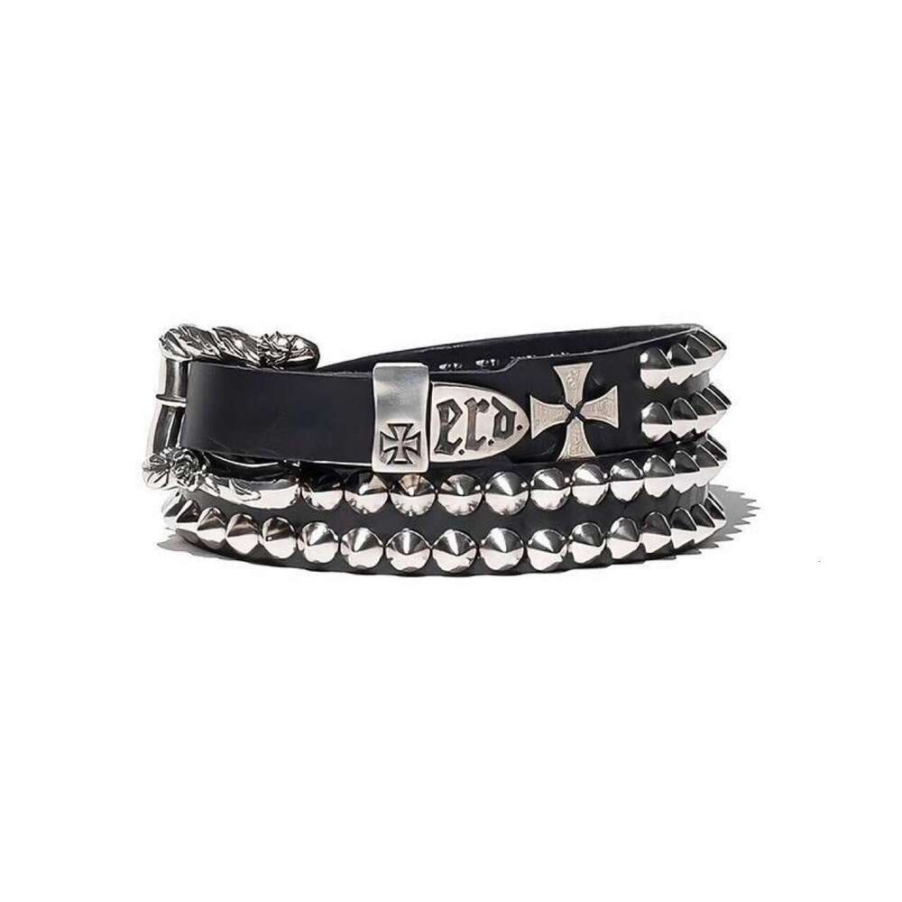 Designer ERD Style Men's Punk Vintage Belt Double Stud Cross Design Genuine Cowhide Leather Adjustable Waistband Free Shipping Hot