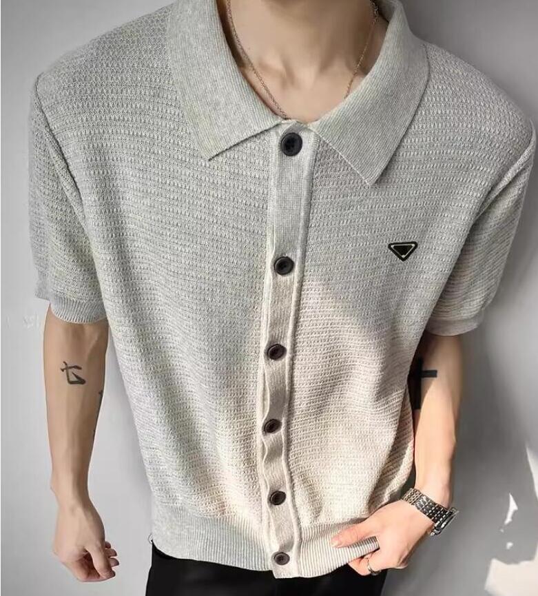Summer ice silk knitted tshirt mens luxury designer short sleeves cardigan loose lapel collar stretch t shirts men breathable tee clothing