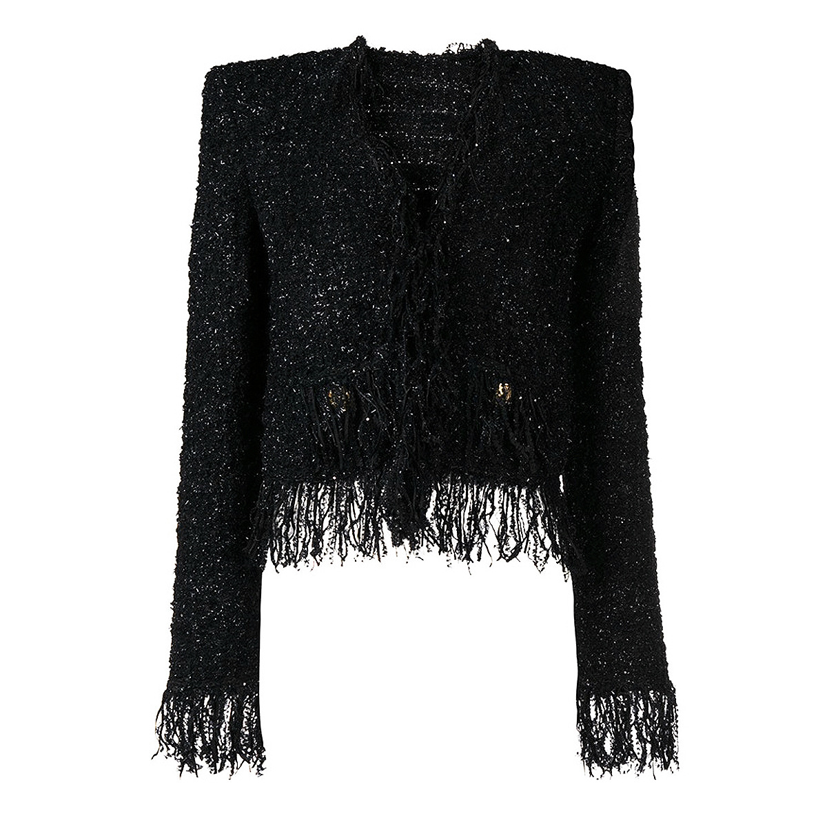 2026 new model Women Tweed Coat V Neck Long Sleeve Black Cardigan Jacket Mas