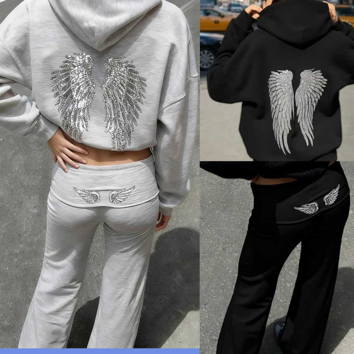 Retro Shiny Wings Print Long Slve Zip Casual Sweatshirt Fall Winter Womens Hoodie Pants Set of 2 Solid Color Strtwear T260410