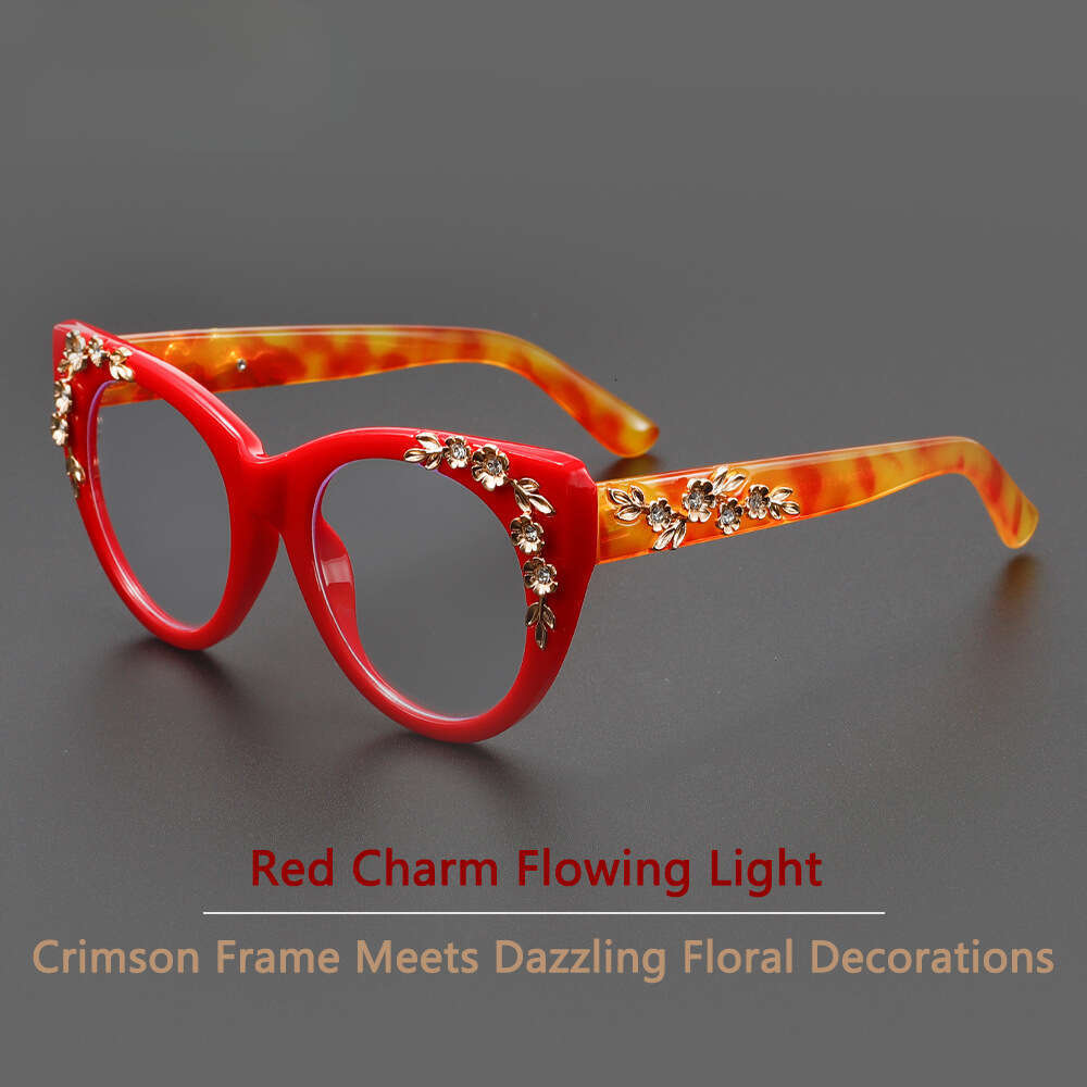 Floral Diamond Tortoiseshell Frame Anti-Blue Light Cat-Eye Glasses, European And American Trendy Street Style Decorative Women 's Plain Glasses