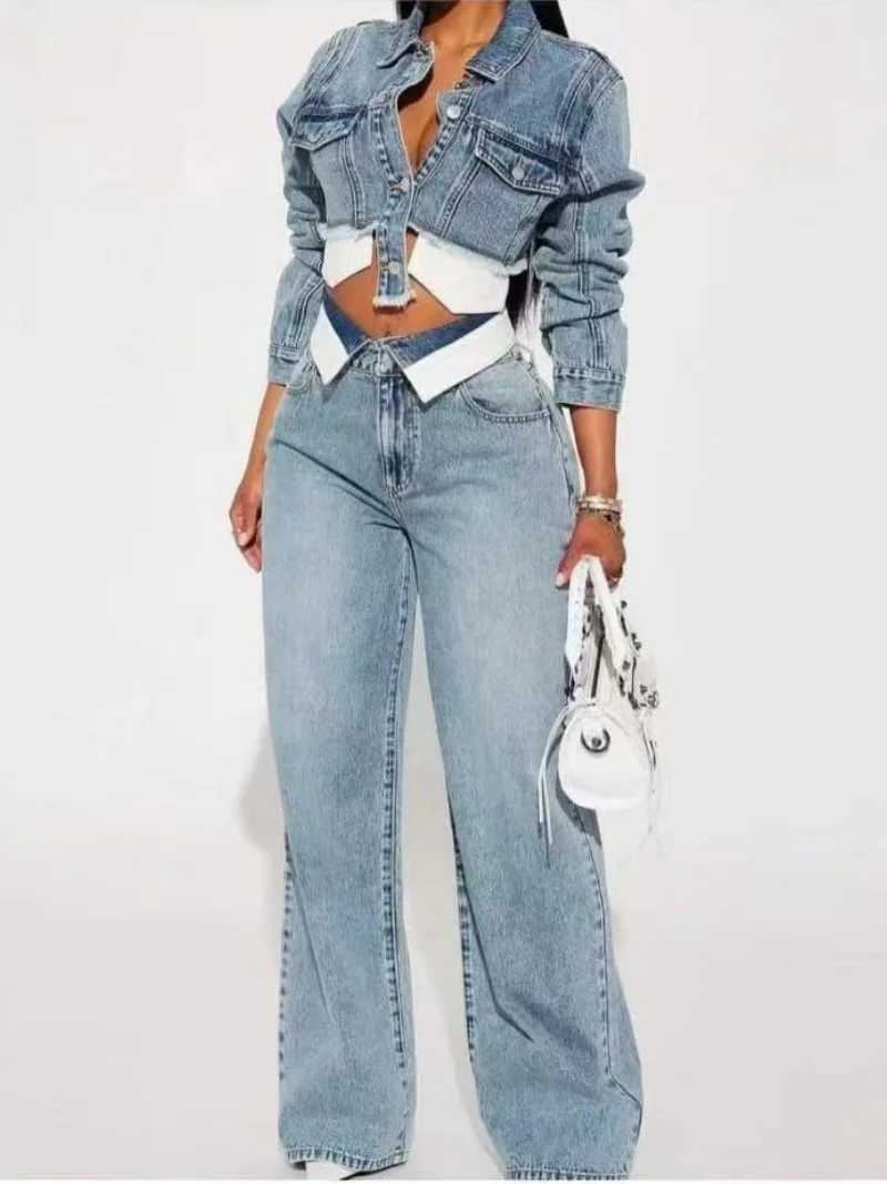 Strtwear Denim 2 Piece Sets Women Outfit Autumn Clothes Women Long Slve Jean Short Jacket Straight Jeans Pant Sets Tracksuit T260927