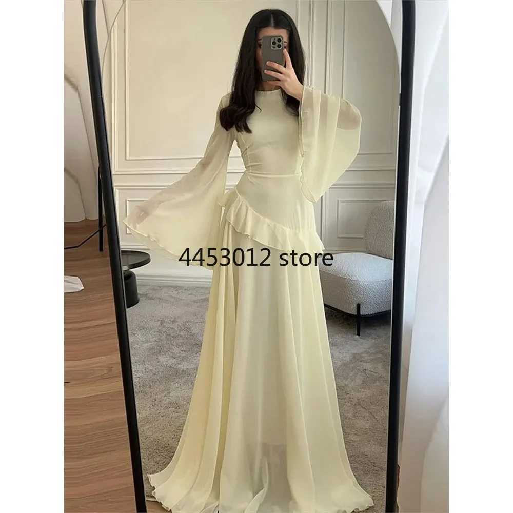 Fashion Flare Slve Ruff Long Dress Women Solid O-neck High Waist Slim Pleated Maxi Dresses 2025 Lady Summer Chic Party Robes T260410