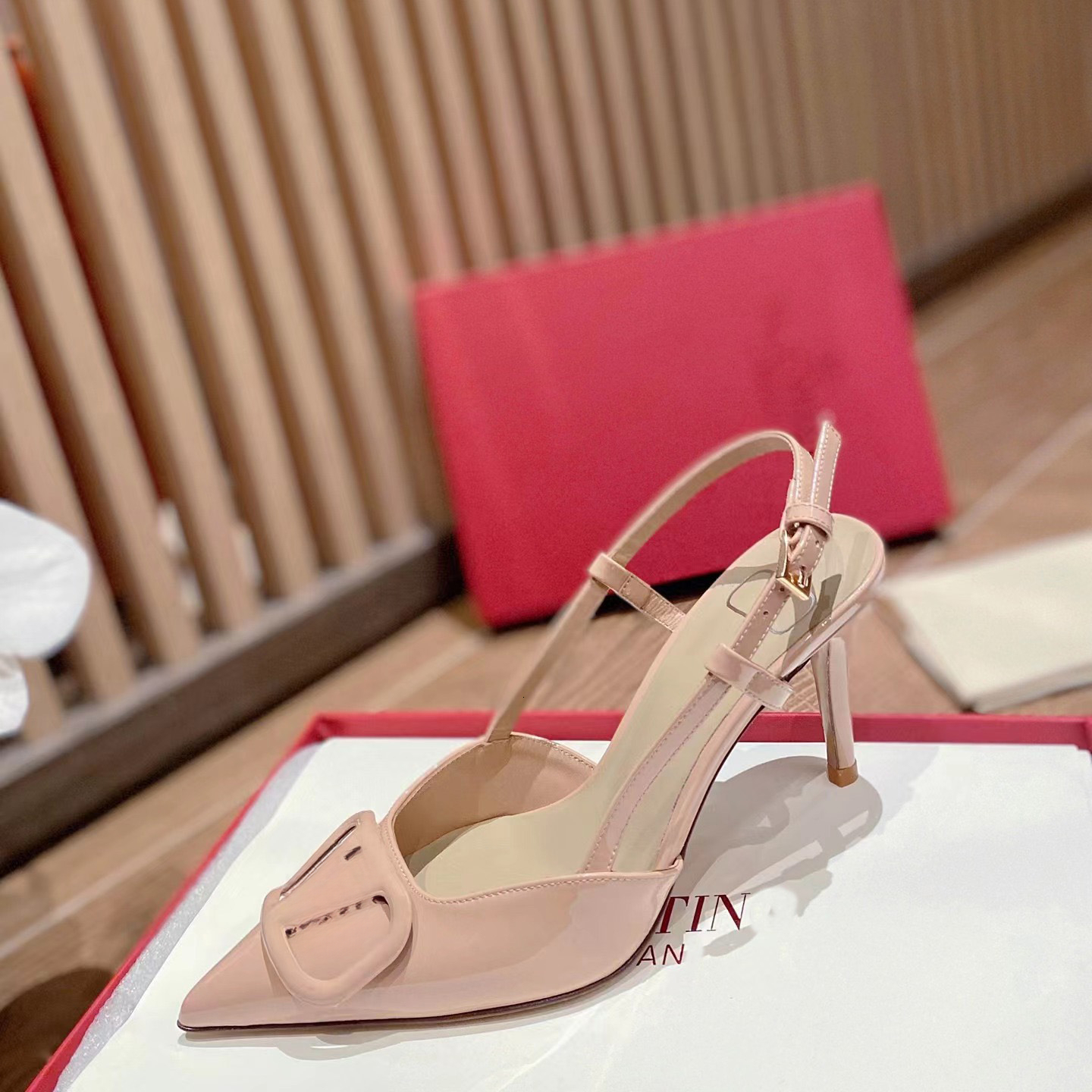 new model Designer s Bare High Heels Women s Sandals Summer Baotou Fine Heel Sandals Pointed French V Button Single Shoes