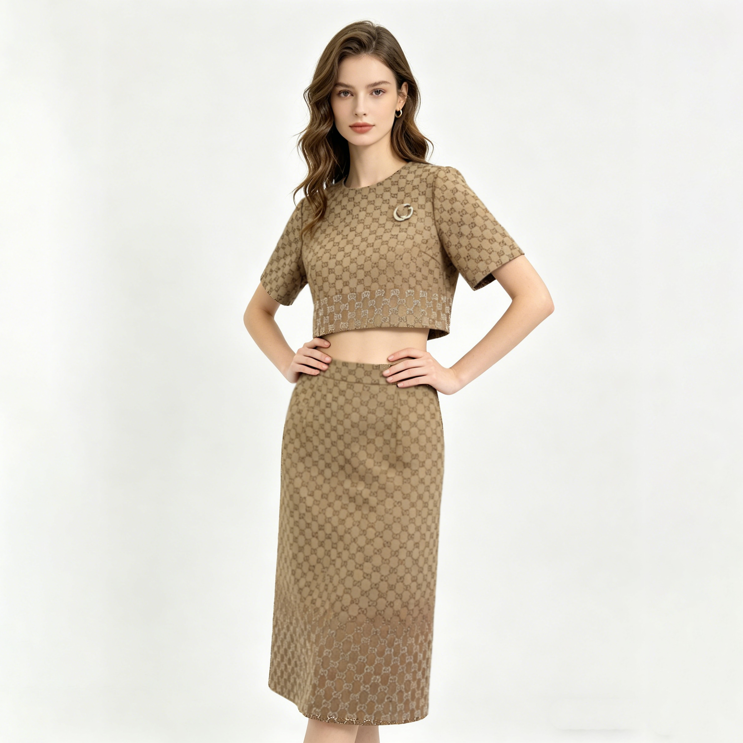 Two Piece Dress Designer dress set with antique pattern short sleeved and knitted high waisted straight tube skirt, high-end fashion formal party gu