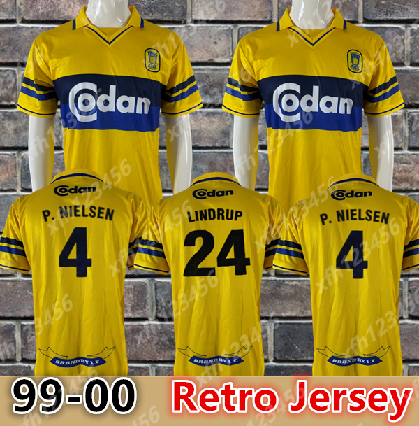1999 2000 Brondby IF Mens Retro Soccer Jerseys LINDRUP P.NIELSEN 99 00 Home Yellow Blue Football Shirt Short Sleeve Vintage Adult Uniforms