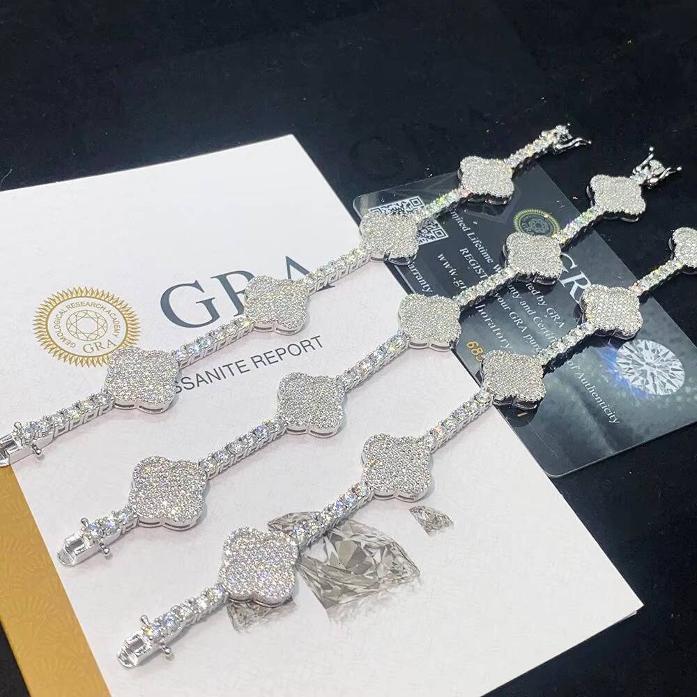 High Quality Moissanite Four-Leaf Clover Tennis Chain 925 Sterling Silver Hip-Hop Bracelet Womens Al Malik Jeweller GRA